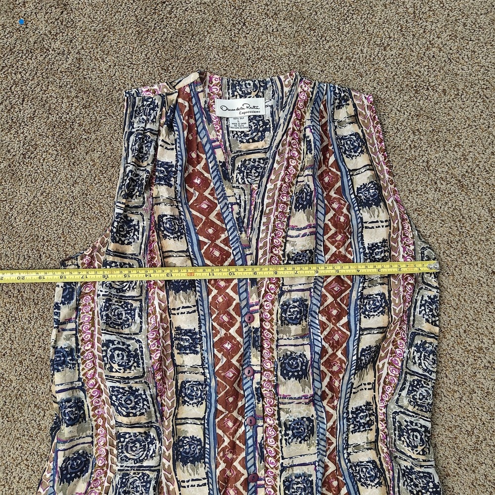 VTG Oscar de la Renta Womens L Silk Sleeveless Button Blouse Geometric - Picture 7 of 7